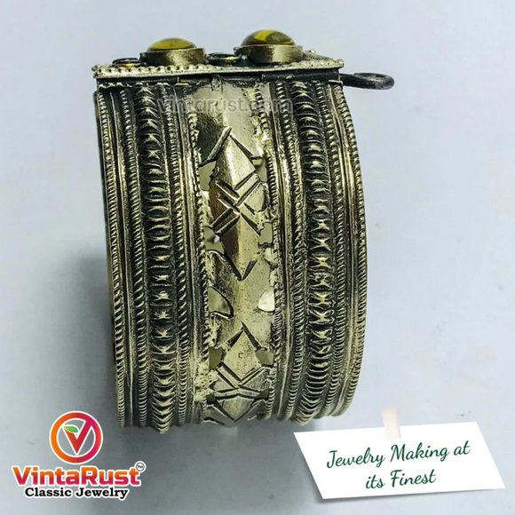 single Vintage Kuchi Cuff Bracelet With Yellow Glass Stones, Gypsy Cuff Bracelet - Picture 2 of 12